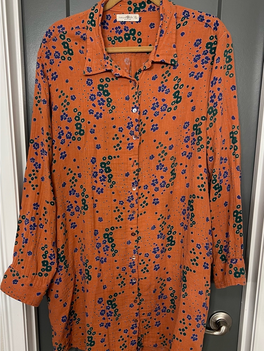 NATURAL LIFE Coral Floral Button-Up Top with Teal and Purple Blooms